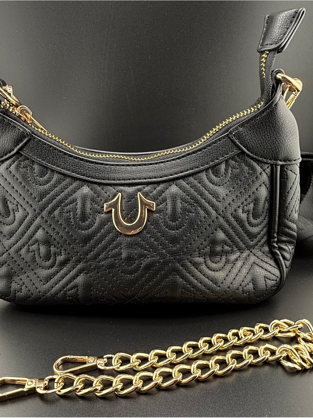 NEW True Religion Black Quilted Crossbody Shoulder Bag Gold Chain Horseshoe
